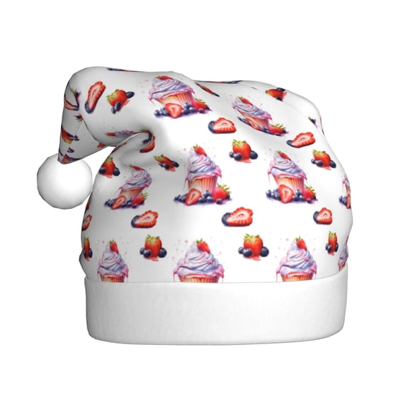 Fuzoiu Strawberry Blueberry Cream Cake Print Santa Hat Christmas Hat for Adults,Santa Hats with Pompom, Unisex Xmas Holiday Hat for Christmas New Year Festive Party Supplies