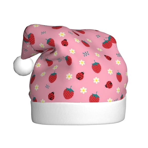 Fuzoiu Strawberry and Ladybugs Print Santa Hat Christmas Hat for Adults,Santa Hats with Pompom, Unisex Xmas Holiday Hat for Christmas New Year Festive Party Supplies
