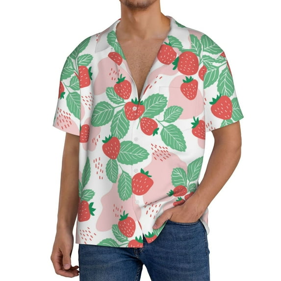 Fuzoiu Strawberry Print Men's Casual Short,Men's Short Sleeve Shirt,Mens Casual Button Down Shirts,Cuban Collar Summer Shirt for Beach, Vacation, and Outdoor Activities-