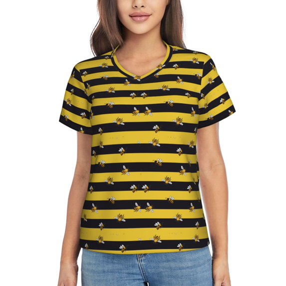 Fuzoiu Striped With Bees Print Women's Classic V-Neck T-Shirt, Short Sleeve V Neck Tees for Casual Everyday Wear,Casual Fit Tee,Summer Fashion Tops-Small