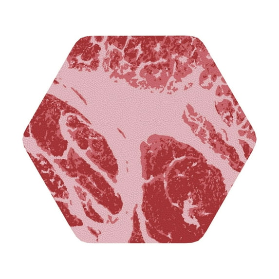 Fuzoiu Striped Meat Print Leather Coasters Set,Drink Coasters Set of 6,for Tabletop Protection, Durable PVC Coasters,Home Décor and Housewarming Gift,Hexagon