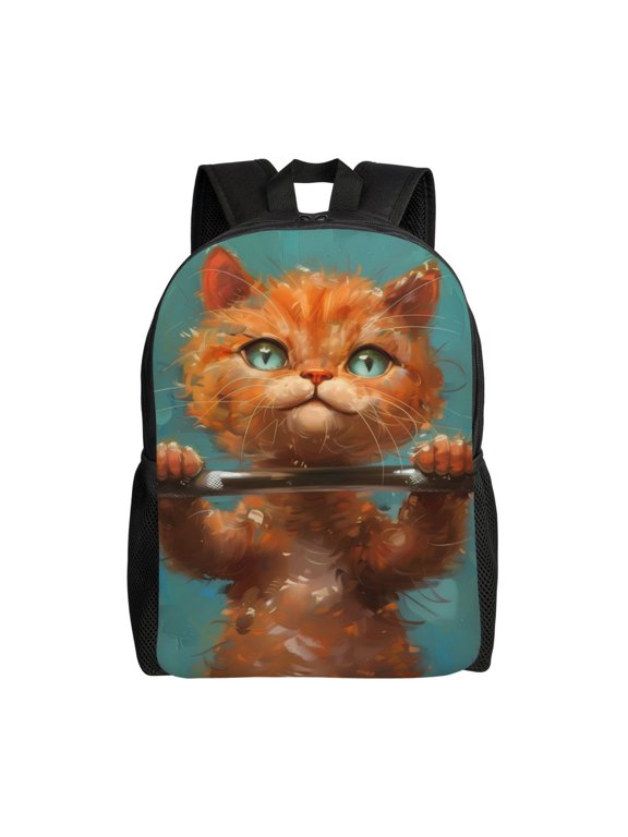 Strong Kitten Lifting Weights Print Laptop Backpack,Work Business Backpacks, Large Capacity Nurse Bag College Bookbag for School, Waterproof Casual Daypack for Travel
