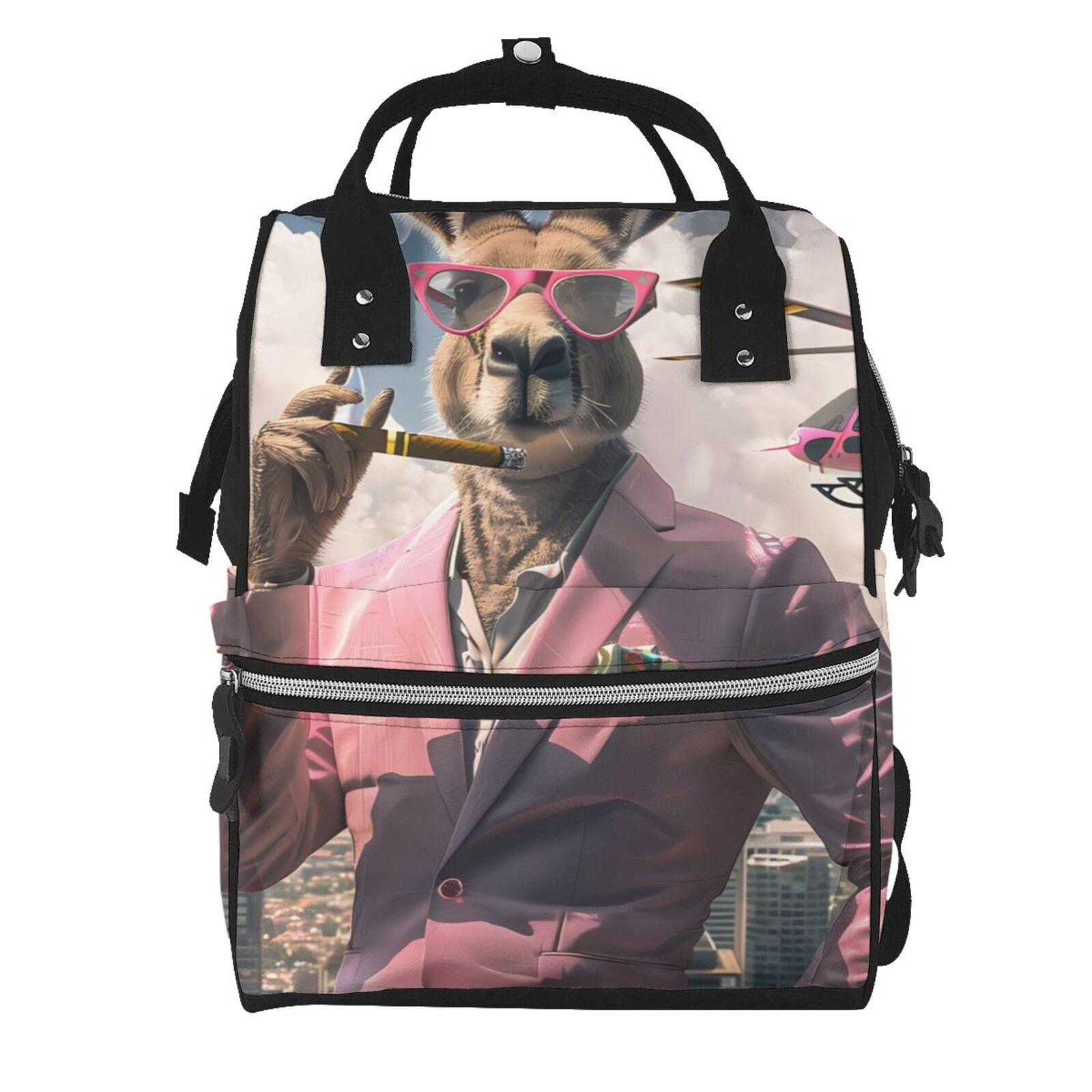 Fuzoiu Stylish Kangaroo In Suit Print Diaper Bag Backpack,Baby Essentials Travel Tote,Multi function Waterproof Diaper Bag, Travel Essentials Baby Bag - Unisex