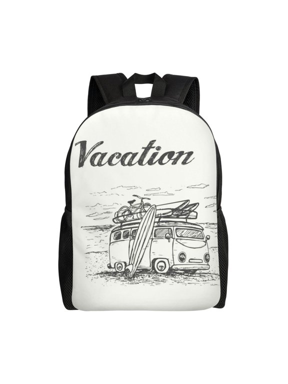 Summer Vacation Scene With Camping Van Print Laptop Backpack,Work Business Backpacks, Large Capacity Nurse Bag College Bookbag for School, Waterproof Casual Daypack for Travel
