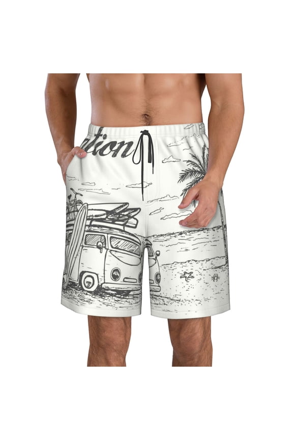 Summer Vacation Scene With Camping Van Print Men's Beach Shorts,Men's Swim Trunks,Quick Dry Board Shorts with Pockets,Men's Bathing Suits for Surfing, Running, and Casual Wear-X-Large