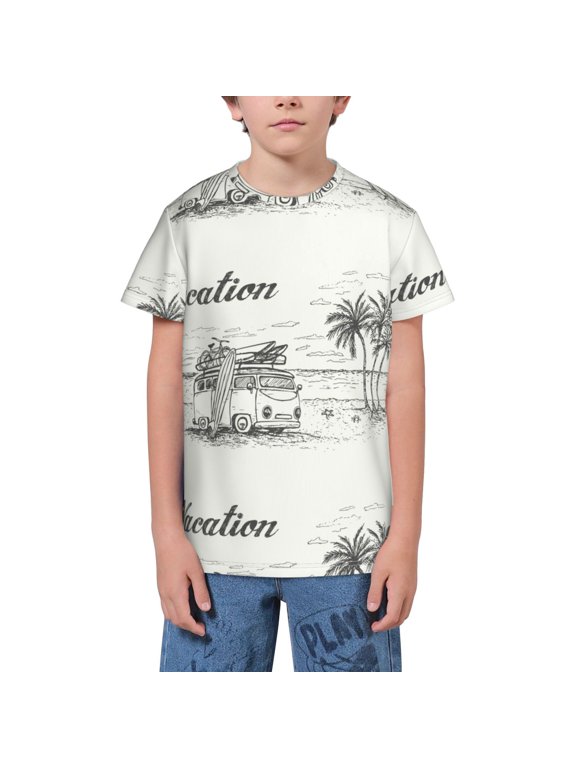 Summer Vacation Scene With Camping Van Print Youth Short Sleeve T-Shirt,Youth Dry-Fit Active Athletic T-Shirt,Short Sleeve Tops Tees for School, Sports, and Casual Wear