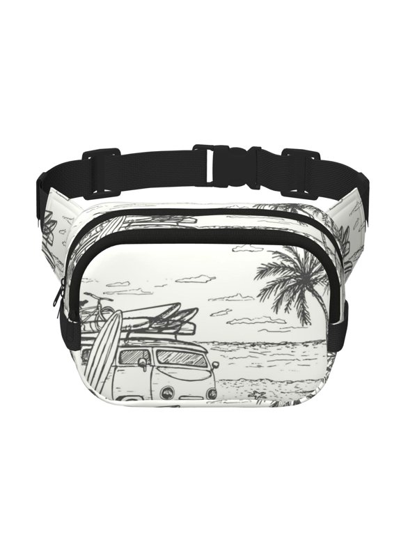 Summer Vacation Scene With Camping Van Print Unisex Square Double Layer Waist Bag,Crossbody Fanny Pack Travel Workout Accessory