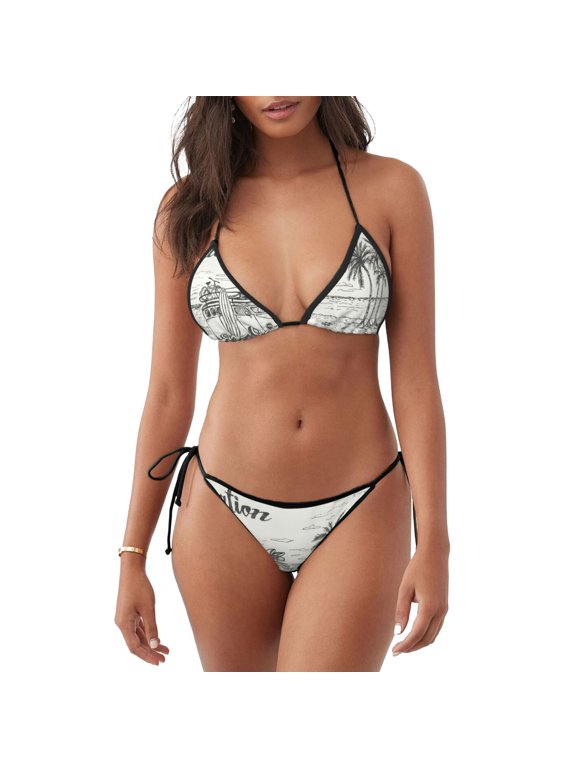 Summer Vacation Scene With Camping Van Print Women Triangle Bikini Sets,Halter Two Piece Sexy Swimsuit,String Tie Side Bathing Suit