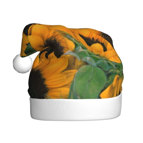Fuzoiu Sunflowers 7 Print Santa Hat Christmas Hat for Adults,Santa Hats with Pompom, Unisex Xmas Holiday Hat for Christmas New Year Festive Party Supplies