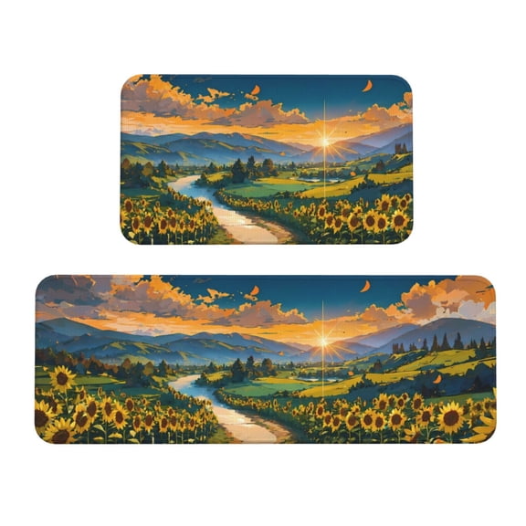 Fuzoiu Sunflowers At Sunset Print Kitchen Floor Mat 2 Sets,Kitchen Rugs and Mats,,Non Skid Waterproof Kitchen Floor Mat for Kitchen,Home Office,Sink,Laundry