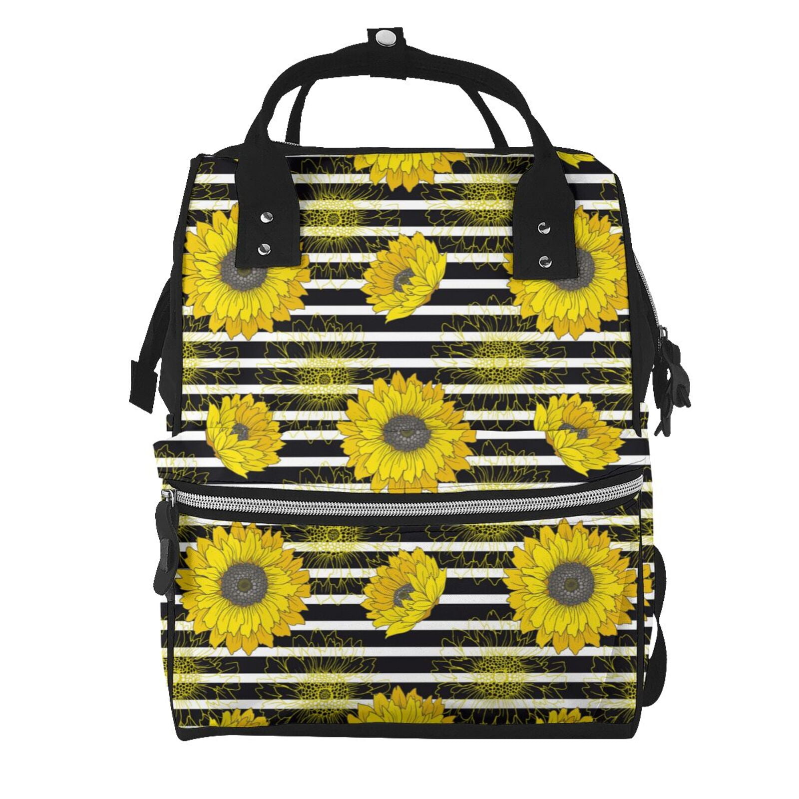 Fuzoiu Sunflowers On Black And White Stripes Print Diaper Bag Backpack,Baby Essentials Travel Tote,Multi function Waterproof Diaper Bag, Travel Essentials Baby Bag - Unisex