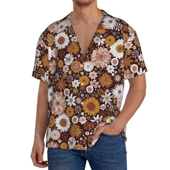 Fuzoiu Sunflowers Print Men's Casual Short,Men's Short Sleeve Shirt,Mens Casual Button Down Shirts,Cuban Collar Summer Shirt for Beach, Vacation, and Outdoor Activities-3X-Large