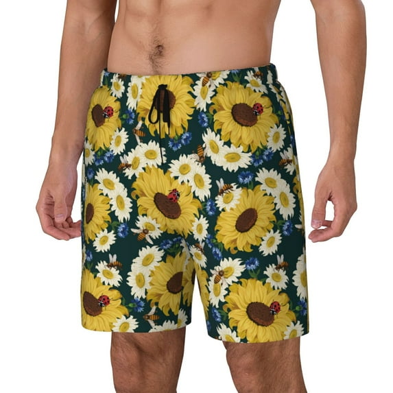 Fuzoiu Sunflowers Print Men's Swim Shorts,Quick-Dry Double-Layer Swim Trunks,Board Trunks,Beach Shorts Swimwear Bathing Suits-Medium