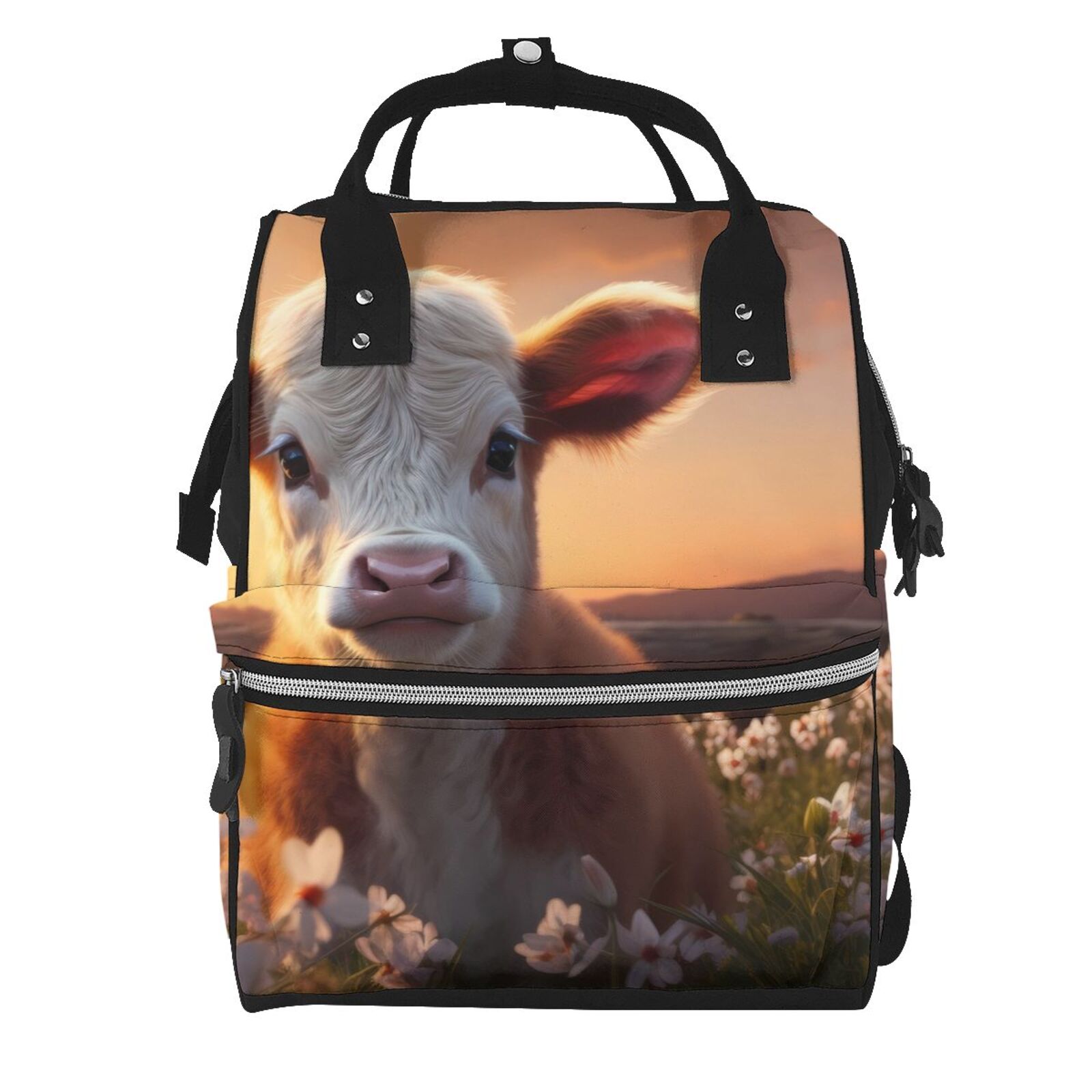 Fuzoiu Sunset Calf Flower Field Print Diaper Bag Backpack,Baby Essentials Travel Tote,Multi function Waterproof Diaper Bag, Travel Essentials Baby Bag - Unisex