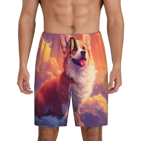 Fuzoiu Sunset Cloud Corgi Print Pajama Shorts for Men, Men's Pajama Bottoms,Mens Lounge Sleepwear,Pajama Pants with Pocket-X-Large