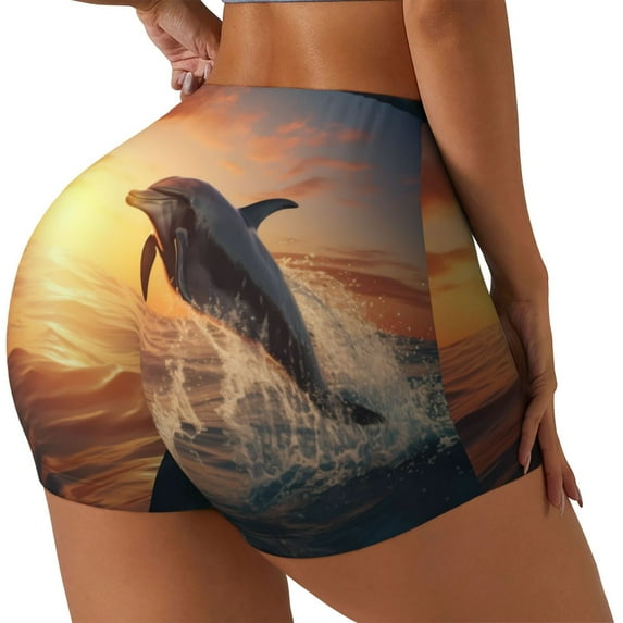 Fuzoiu Sunset Dancing Dolphin A Print Women's Workout Shorts,Workout Biker Shorts Women,Exercise Fitness Shorts,Scrunch Short, Athletic Shorts for Gym Yoga Running Sport Active-X-Large