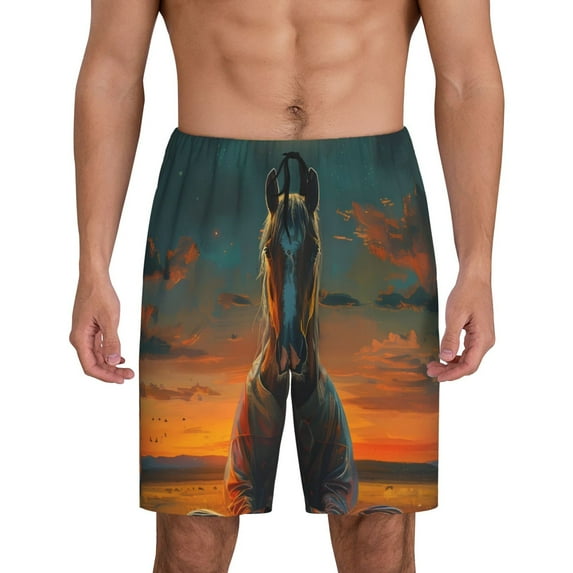 Fuzoiu Sunset Prairie Meditating Horse Print Pajama Shorts for Men, Men's Pajama Bottoms,Mens Lounge Sleepwear,Pajama Pants with Pocket-3X-Large