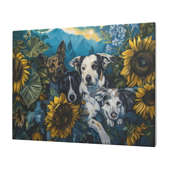 Fuzoiu Sunset Sunflower Dog Print Canvas Wall Decorative,Modern Artwork Picture Decor Painting,Living Room Bedroom Home Office,Framed Hangable Decorative Artwork Size 30x40