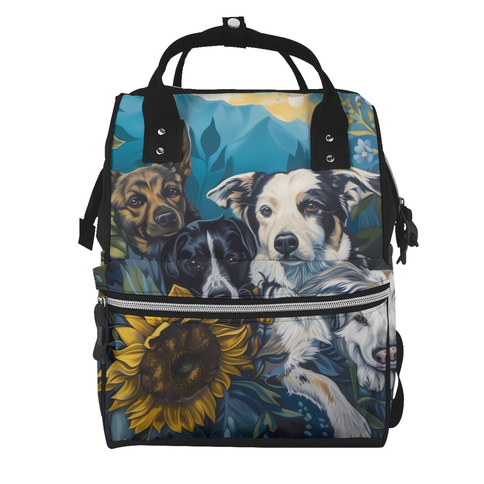 Fuzoiu Sunset Sunflower Dog Print Diaper Bag Backpack,Baby Essentials Travel Tote,Multi function Waterproof Diaper Bag, Travel Essentials Baby Bag - Unisex
