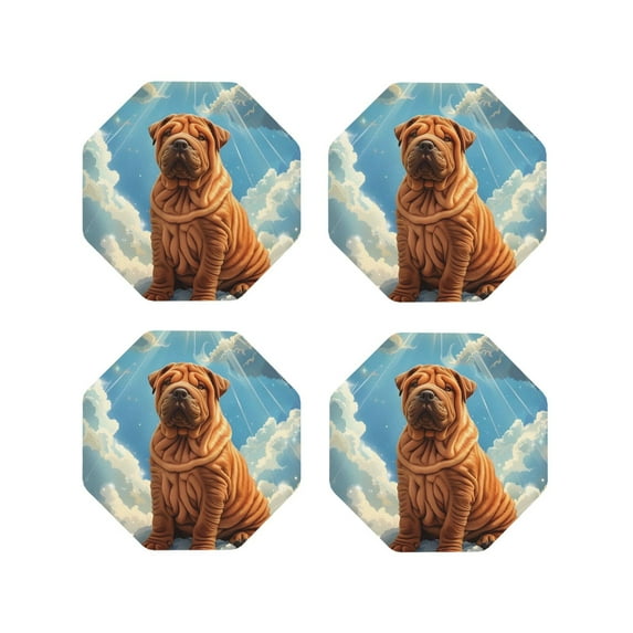Fuzoiu Sunshine Cloud Bulldog Print Leather Coasters Set,Drink Coasters Set of 4,for Tabletop Protection, Durable PVC Coasters,Home Décor and Housewarming Gift-Octagon