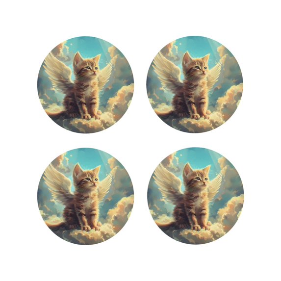 Fuzoiu Sunshine Cloud Cute Cat Print Leather Coasters Set,Drink Coasters Set of 4,for Tabletop Protection, Durable PVC Coasters,Home Décor and Housewarming Gift-Round Shape