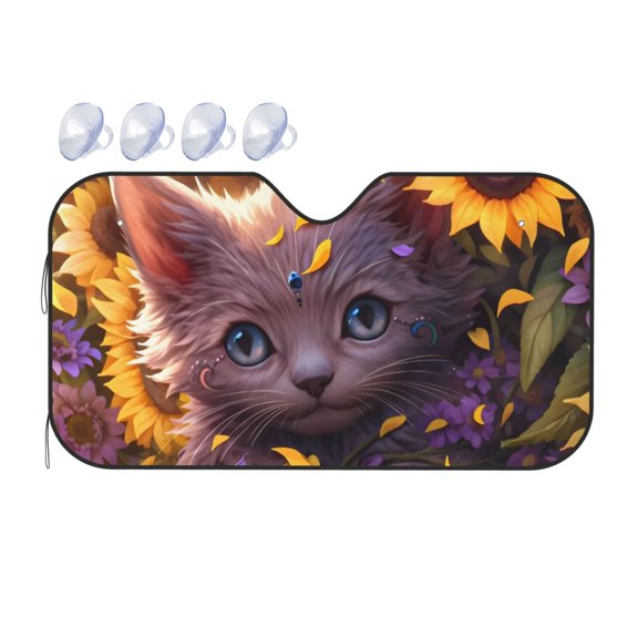Fuzoiu Sunshine Cute Cat Sunflower Print Car Windshield Sunshade,Foldable Reflective Sun Visor,Windshield Sun Shade,UV Rays Sun Visor Shade,Auto Front Sun Shield Shade-Medium