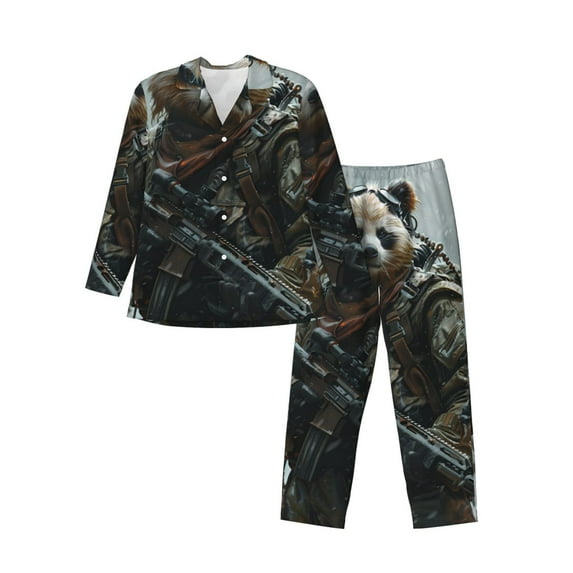 Fuzoiu Surreal Panda Warrior Print Men's Long-Sleeved Pajama,Lounge Button Down Nightwear,Mens Notch Collar Pajama Set -Medium