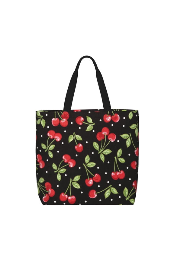 Sweet Red Cherry Print Durable Tote Bag,Shoulder Bag with Zipper Closure,Casual Tote's Handbag,for Daily Use, Shopping, School, Work