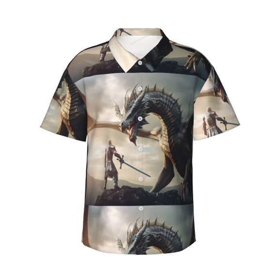 Fuzoiu Swordsman Cool Dragon Print Hawaiian Shirt for Men, Summer Beach Casual Short Sleeve Button Down Shirts, Men’s Beach Summer Shirts with Pocket,Medium