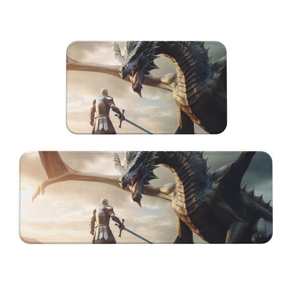 Fuzoiu Swordsman Cool Dragon Print Kitchen Floor Mat 2 Sets,Kitchen Rugs and Mats,,Non Skid Waterproof Kitchen Floor Mat for Kitchen,Home Office,Sink,Laundry