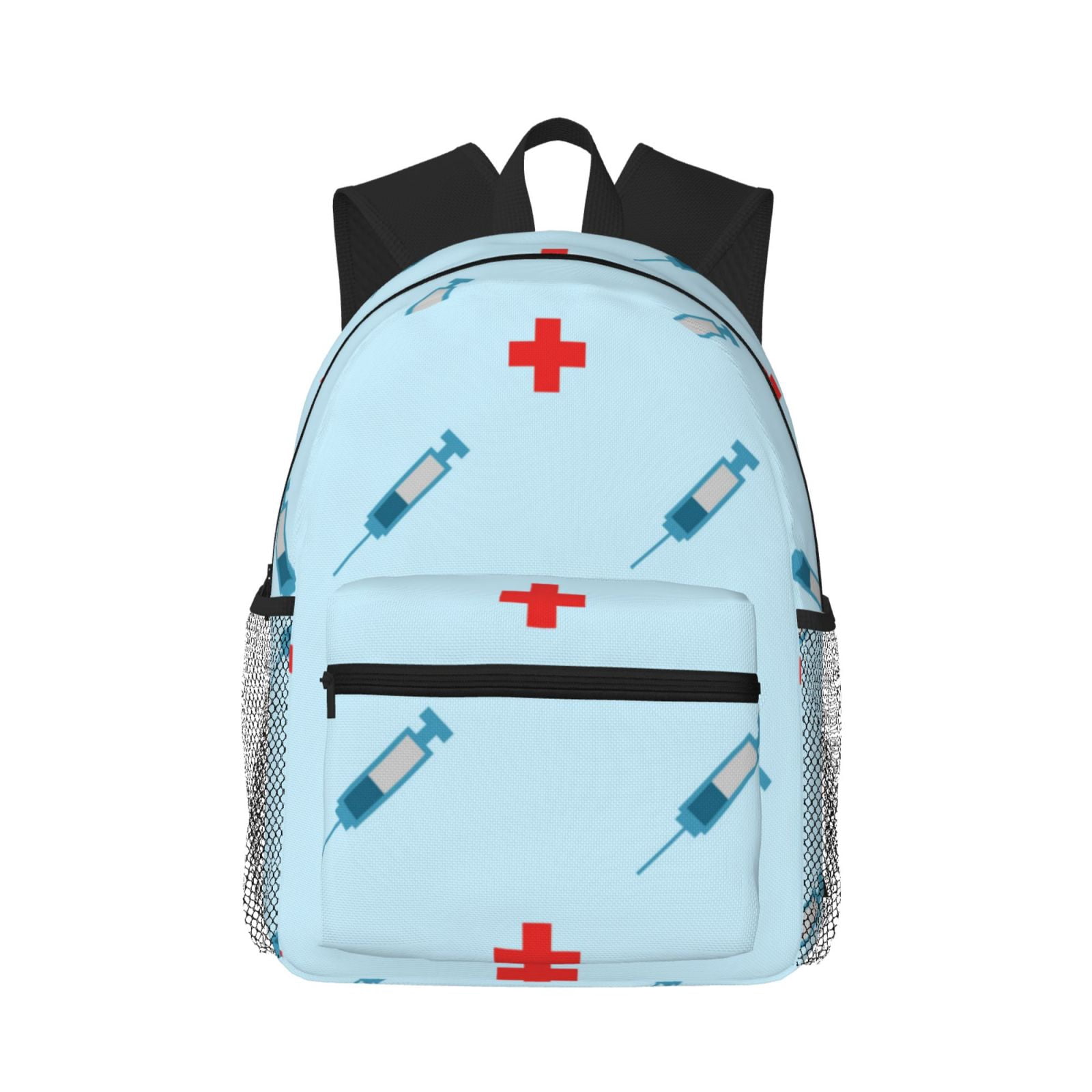 Fuzoiu Syringe And Red Cross Print School Backpack for Teens,Large Bookbag,Lightweight Laptop Bag for Travel, Work, School & Outdoor Adventures