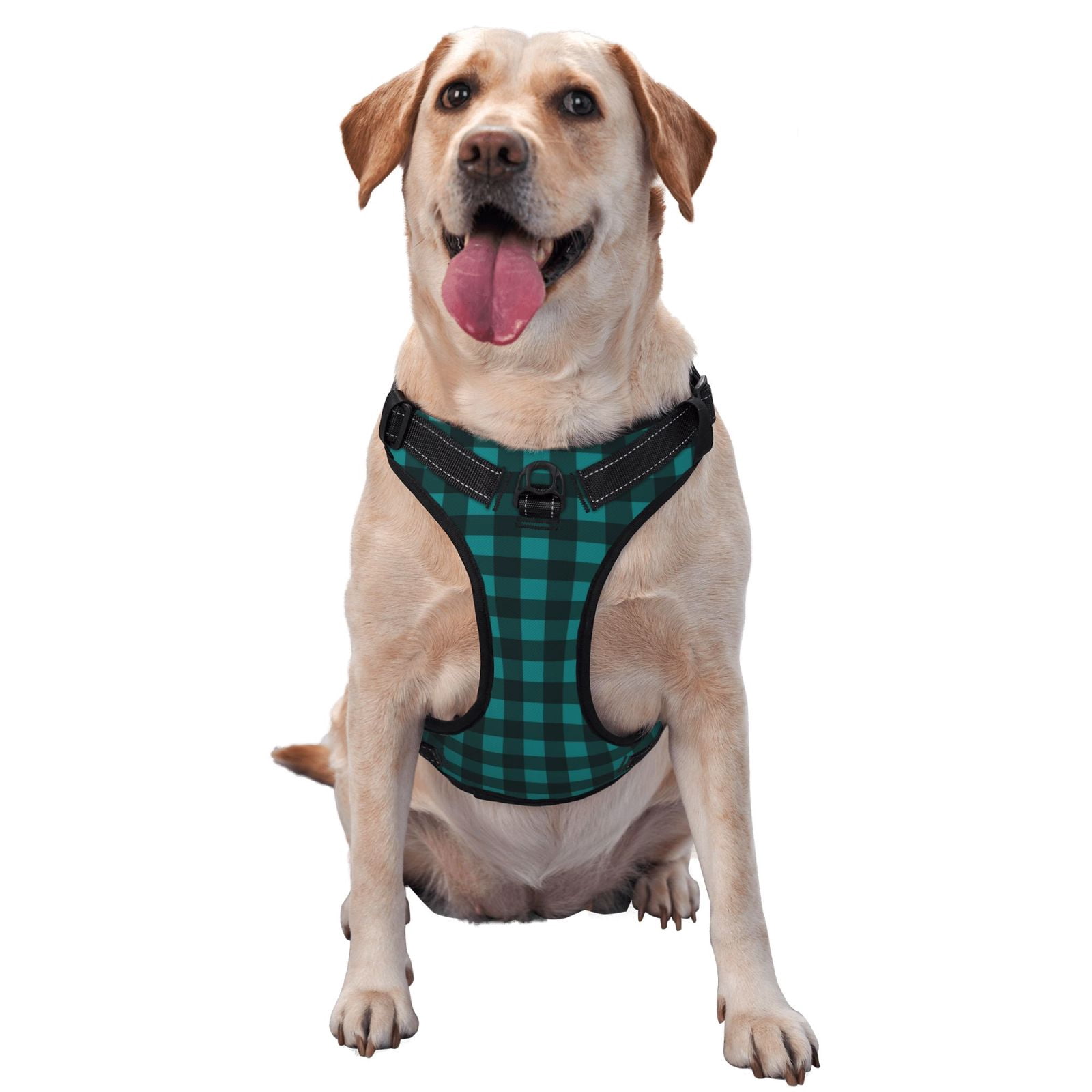 Fuzoiu Teal On Black Plaid Print Reflective Dog Harness,Adjustable, Breathable Pet Vest,Dog Harness No Pull,No Choke Pet Vest for Small, Medium, and Large Dogs-Small