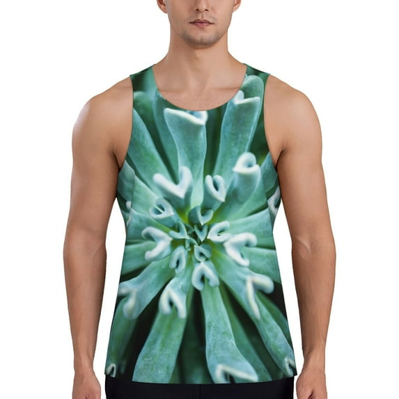 Fuzoiu Teal Cactus Print Men's Workout Tank Tops,Sleeveless Gym Shirt Quick Dry,Fitness Bodybuilding T-Shirt,Muscle Athletic Workout Tee-