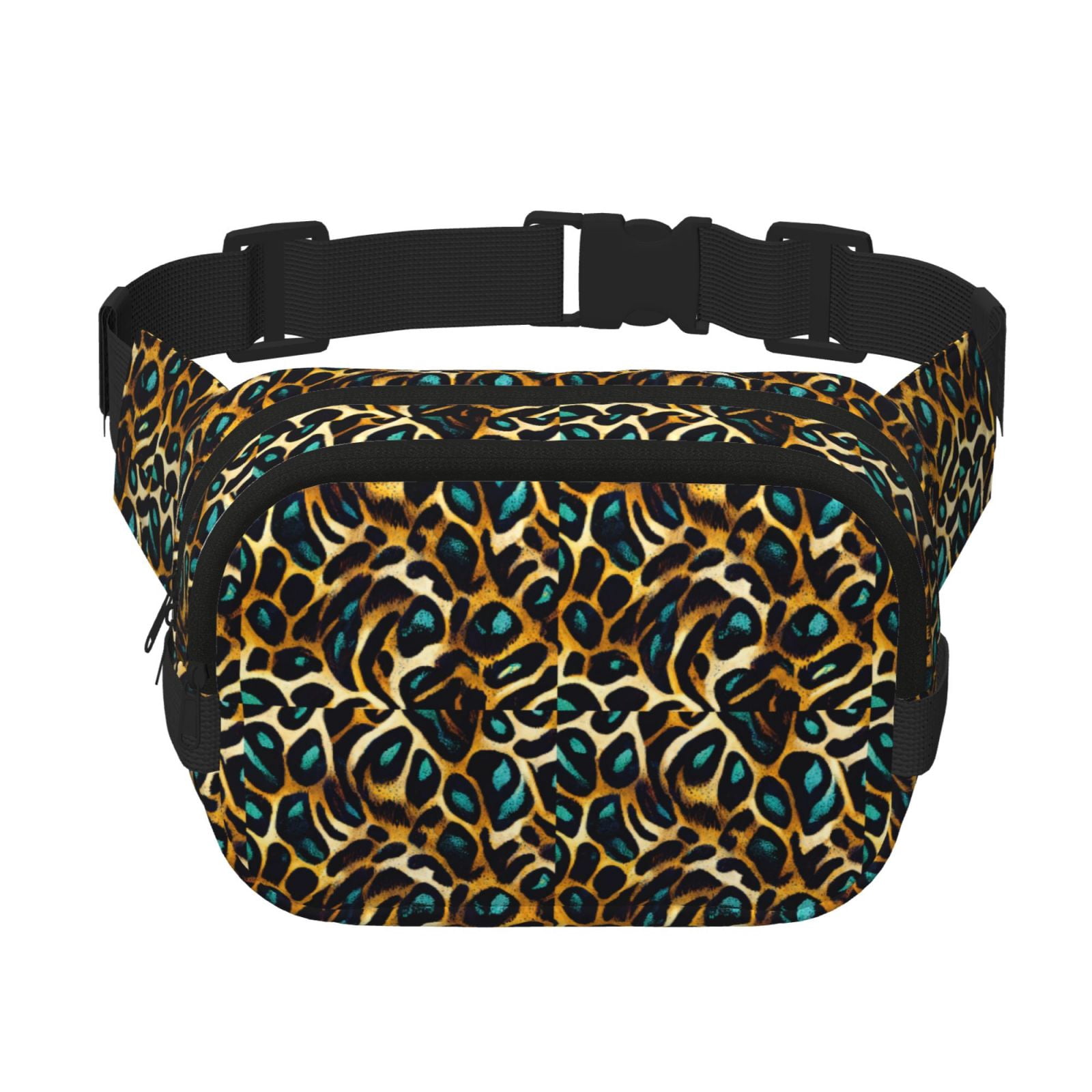 Fuzoiu Teal Leopard Print Unisex Square Double Layer Waist Bag,Crossbody Fanny Pack Travel Workout Accessory