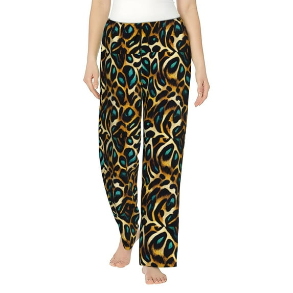 Fuzoiu Teal Leopard Print Women's Pajama Pants,Lounge Pants with Drawstring and Pockets, Casual Pjs Sleep Bottoms, Women's Sleep Pants-XX-Large