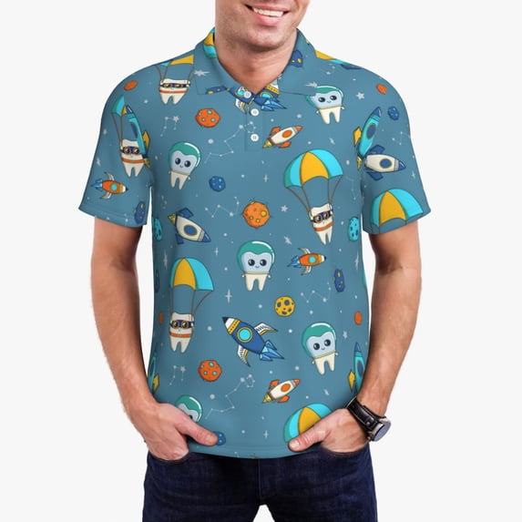 Fuzoiu Teeth Cosmonaut Print Men's Polo Shirts Short Sleeve,Golf Shirts for Men,Mens Golf Shirt Moisture Wicking Quick-Dry-3X-Large