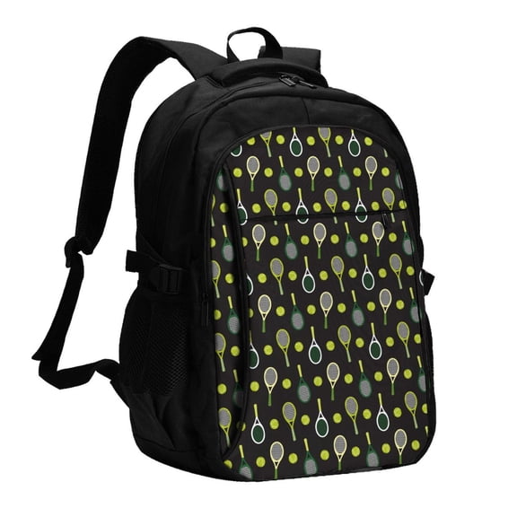 Fuzoiu Tennis Rackets Print USB Backpack with Charging Port,Laptop Backpack,Business Travel Durable Laptops Backpack, for School, Work, Travel & Outdoor Activities