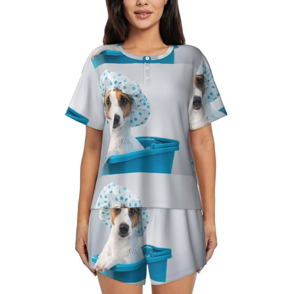 Fuzoiu Terrier Takes A Bath With Shower Cap Print Women's Short-Sleeved Pajama Set,Lounge Sleepwear Set,Womens Pajama Sets 2 Piece,Button-Up Top and Shorts with Pockets-Small