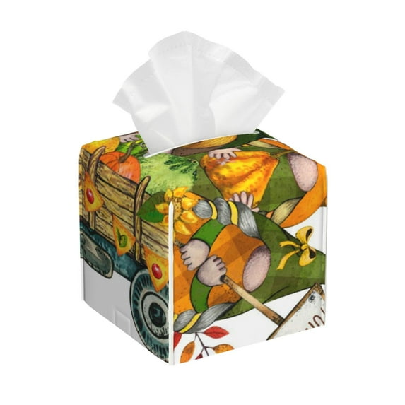 Fuzoiu Thanksgiving Truck Print Tissue Box Cover Holder, Square Leather Tissue Box,PU Leather Decorative Organizer for Tabletop, Bathroom, Car, Office