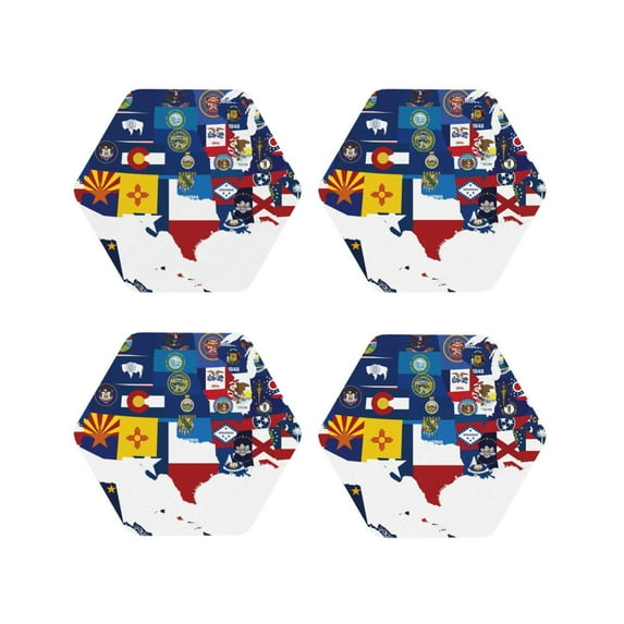 Fuzoiu The Map Of United States Print Leather Coasters Set,Drink Coasters Set of 4,for Tabletop Protection, Durable PVC Coasters,Home Décor and Housewarming Gift-Hexagon