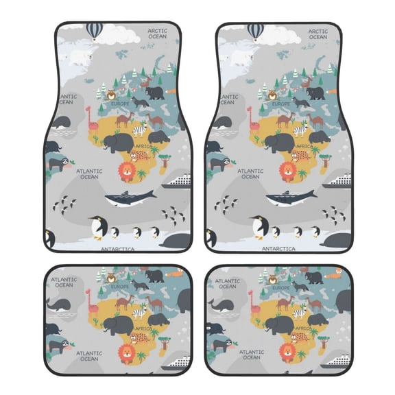 Fuzoiu The World Map with Cartoon Animals Print Carpet Floor Mats for Car,Car Foot Mat Set,Universal Fit 4 Piece Mat Pad Set,Fits Most Cars Trucks Vans Sedans SUV Auto Carpet Mat Se