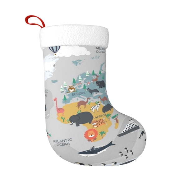 Fuzoiu The World Map with Cartoon Animals Print Christmas Stockings, Party Supplies & Kids Gifts,Big Xmas Stockings Decoration for Family Decorations Hanging Ornament for Xmas Holiday Party