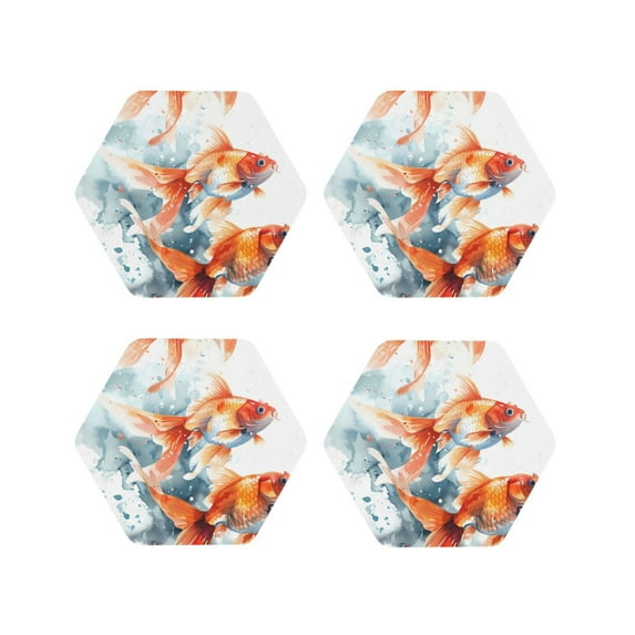 Fuzoiu Three Goldfish Watercolor Splash Print Leather Coasters Set,Drink Coasters Set of 4,for Tabletop Protection, Durable PVC Coasters,Home Décor and Housewarming Gift-Hexagon