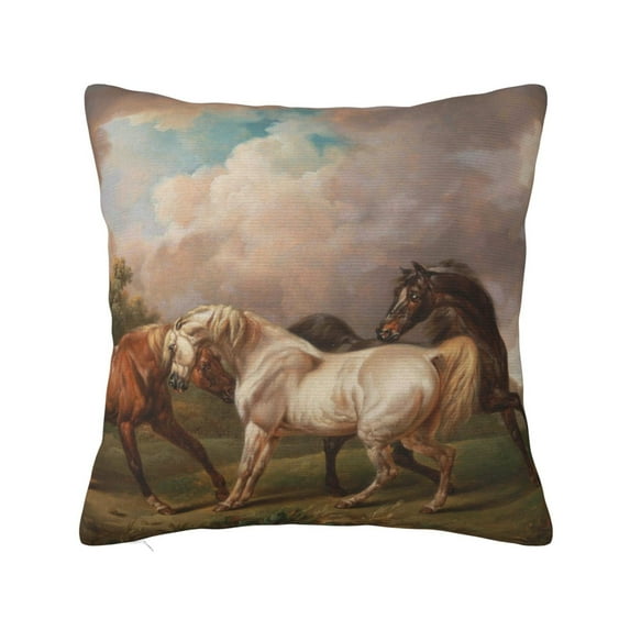 Fuzoiu Three Horses Oil Painting Print Square Pillow Cover,Hidden Zipper Design,Luxury Square Pillow Case, Throw Pillow,Couch Cushion-16"x16"