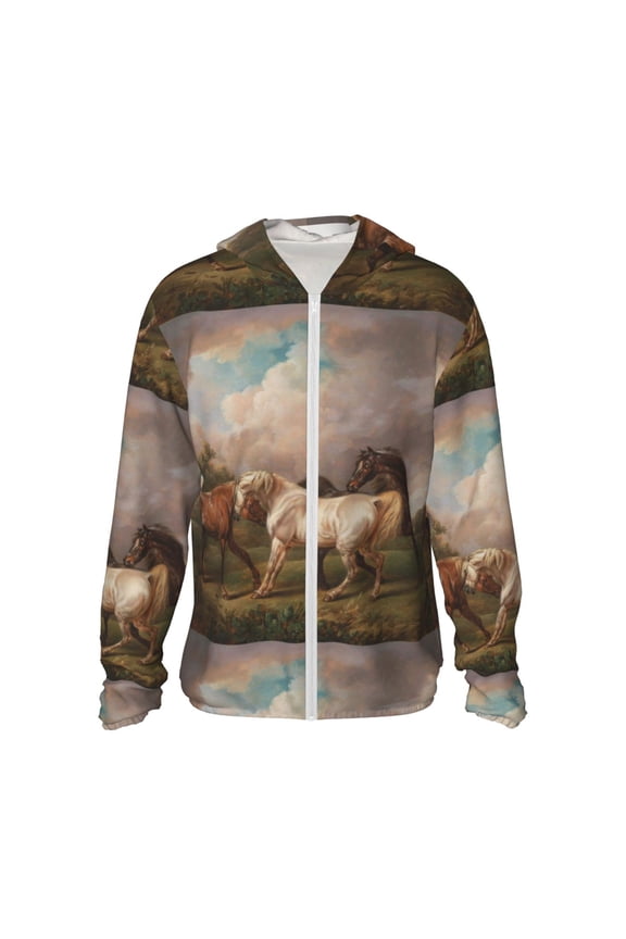 Three Horses Oil Painting Print Unisex Sun Protection Hoodie,UPF 50+ Light Jacket,Full Zip Sun Protection Hoodie,Long Sleeve Sun Shirts,for Outdoor Activities-Large