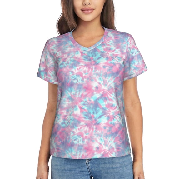 Fuzoiu Tie Dye Print Women's Classic V-Neck T-Shirt, Short Sleeve V Neck Tees for Casual Everyday Wear,Casual Fit Tee,Summer Fashion Tops-3X-Large