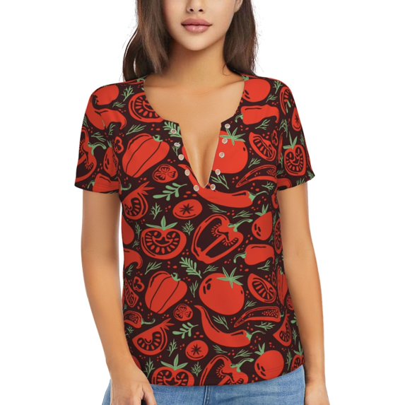 Fuzoiu Tomatoes And Chili Print Women's V-Neck T-Shirt,Women's Short Sleeve Top, Comfortable for Work, Leisure, and Sports