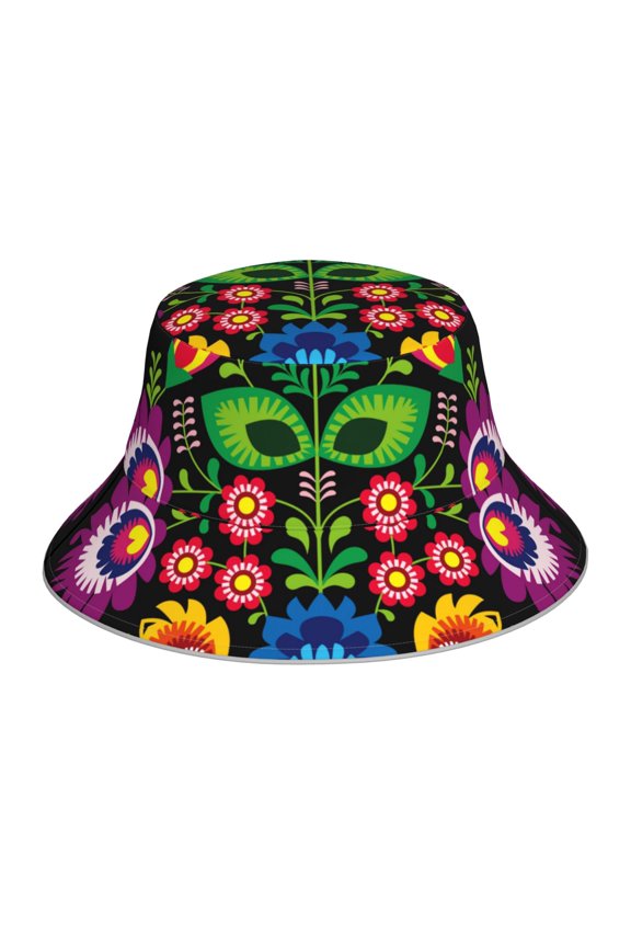 Traditional Floral Polish Print Reflective Bucket Hat,Outdoor Hat for Men and Women,Bucket Hat for Travel Fishing Hunting Summer Camp