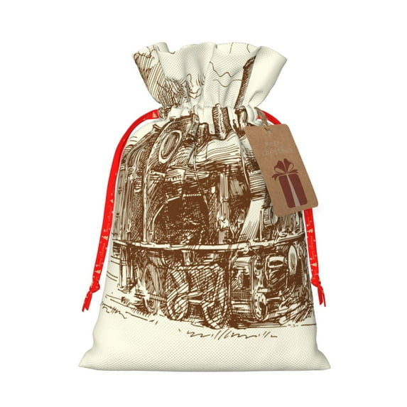 Fuzoiu Train Print Christmas Gift Bag,Burlap Gift Bag with Drawstring Closure & Hang Tag,Perfect for Holidays, Birthdays, and Special Occasions-Medium