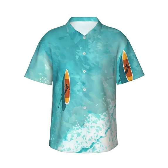 Fuzoiu Tranquil Ocean Canoe Journey Print Hawaiian Shirt for Men, Summer Beach Casual Short Sleeve Button Down Shirts, Men’s Beach Summer Shirts with Pocket,X-Large